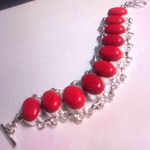 Red Coral Stamped 925 Sterling Silver Bracelet